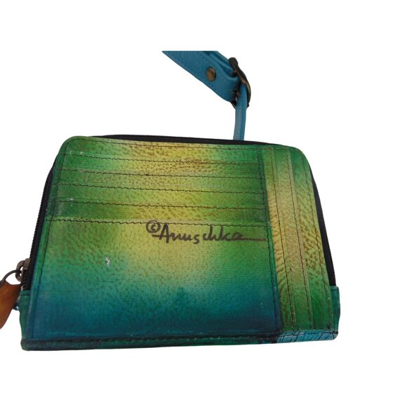 Anuschka Leather Crossbody Purse Wallet Teal Blue Feather Peacock Hand Painted - Picture 13 of 16